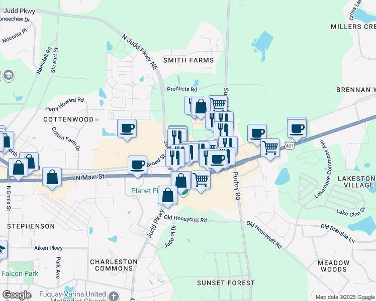 map of restaurants, bars, coffee shops, grocery stores, and more near 1256 East Broad Street in Fuquay-Varina