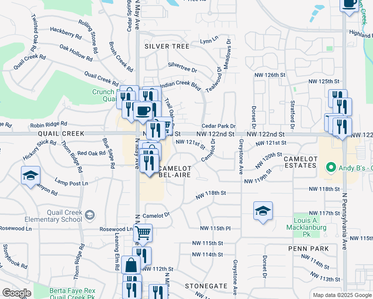 map of restaurants, bars, coffee shops, grocery stores, and more near 2701 NW 120th Terrace in Oklahoma City