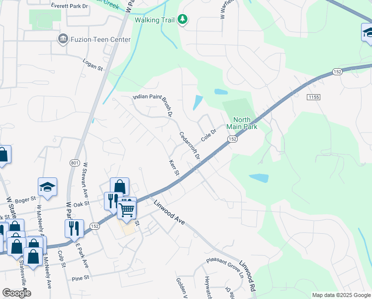 map of restaurants, bars, coffee shops, grocery stores, and more near 101 Foxglove Drive in Mooresville