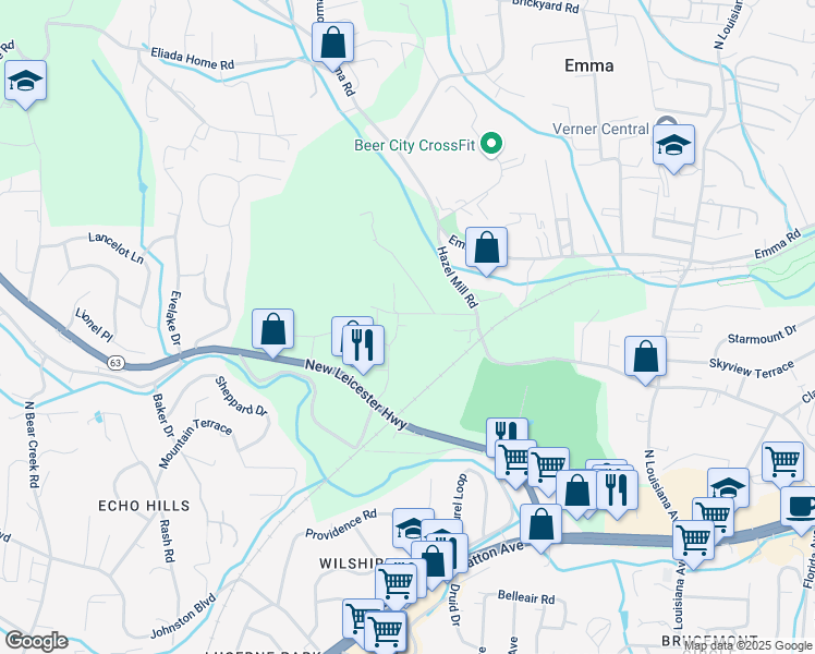map of restaurants, bars, coffee shops, grocery stores, and more near 46 Oak Hill Drive in Asheville