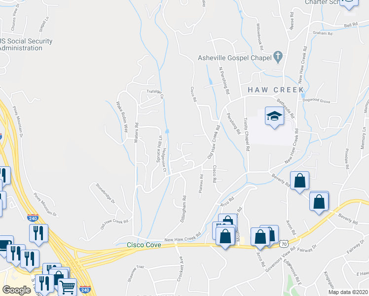 map of restaurants, bars, coffee shops, grocery stores, and more near 23C Trillium Court in Asheville
