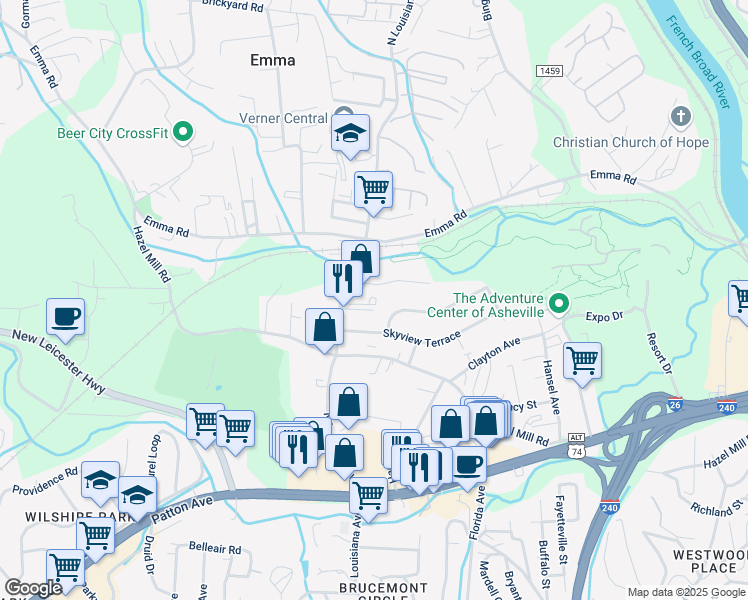 map of restaurants, bars, coffee shops, grocery stores, and more near 443 North Louisiana Avenue in Asheville