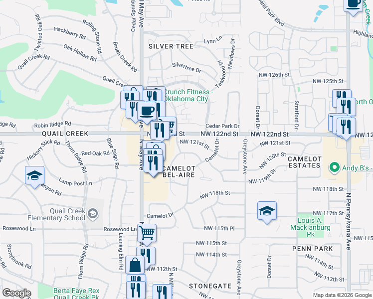 map of restaurants, bars, coffee shops, grocery stores, and more near 2701 Northwest 120th Terrace in Oklahoma City