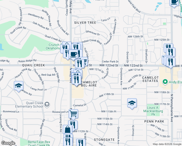 map of restaurants, bars, coffee shops, grocery stores, and more near 2701 Northwest 120th Terrace in Oklahoma City
