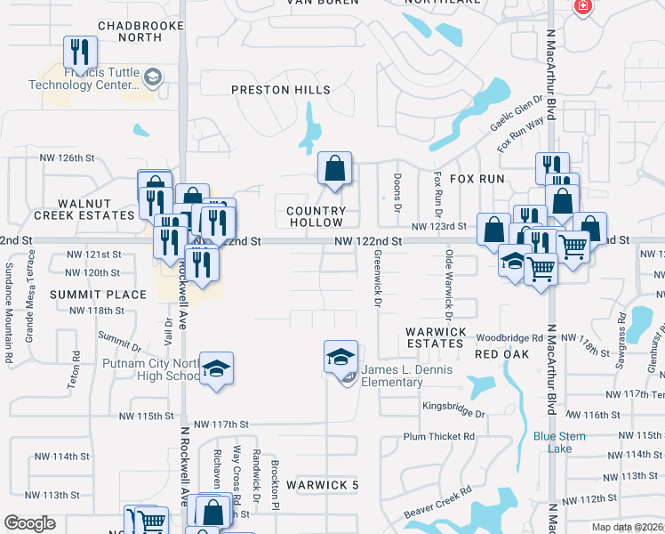 map of restaurants, bars, coffee shops, grocery stores, and more near 6701 Northwest 120th Street in Oklahoma City