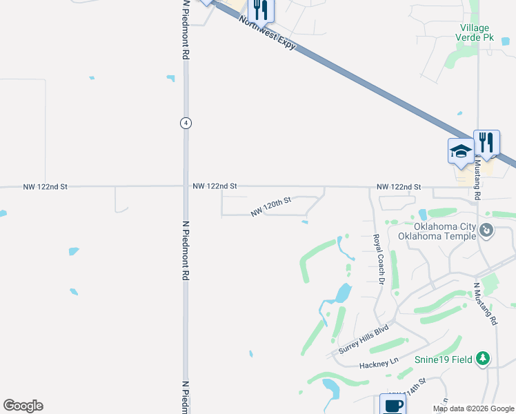 map of restaurants, bars, coffee shops, grocery stores, and more near 11820-12198 Northwest 122nd Street in Yukon