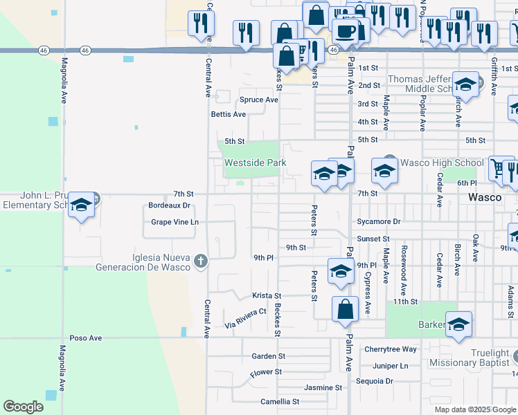 map of restaurants, bars, coffee shops, grocery stores, and more near 2576 Sycamore Court in Wasco