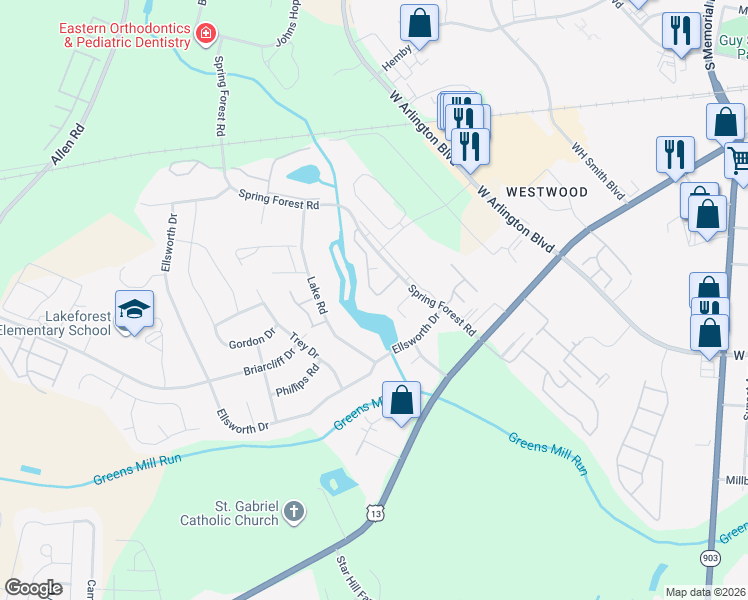 map of restaurants, bars, coffee shops, grocery stores, and more near 914 Spring Forest Road in Greenville