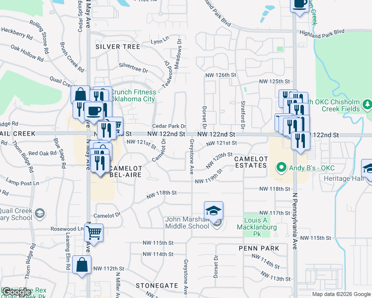 map of restaurants, bars, coffee shops, grocery stores, and more near 12215 Greystone Terrace in Oklahoma City