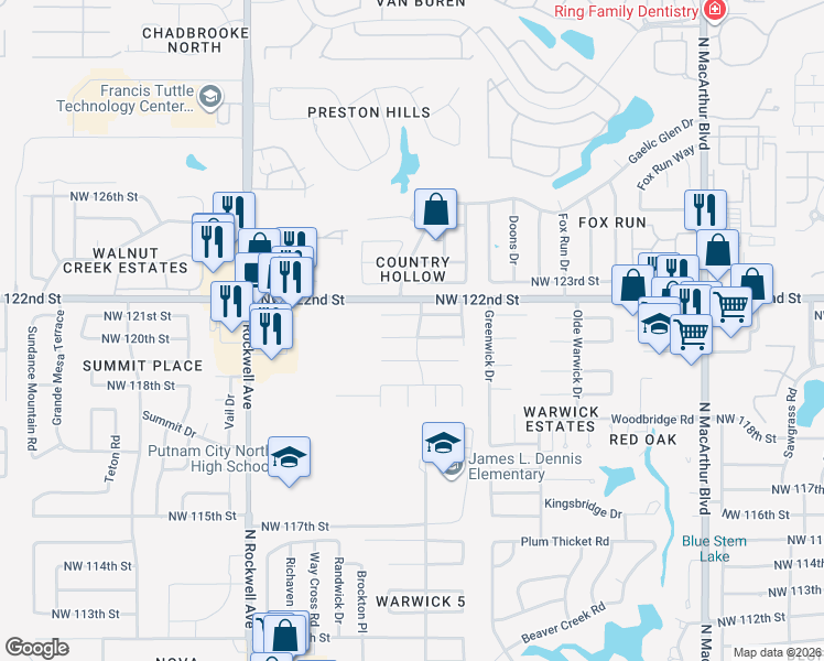 map of restaurants, bars, coffee shops, grocery stores, and more near 6701 Northwest 120th Street in Oklahoma City