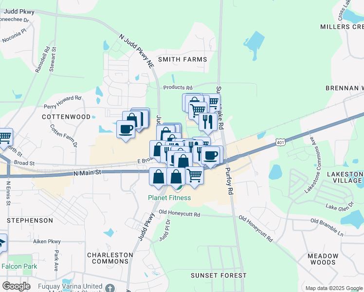 map of restaurants, bars, coffee shops, grocery stores, and more near 1256 East Broad Street in Fuquay-Varina
