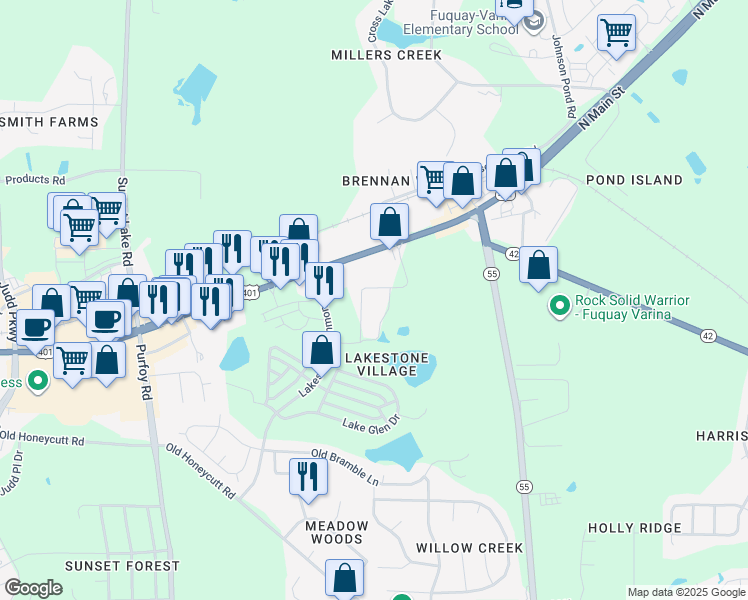 map of restaurants, bars, coffee shops, grocery stores, and more near 640 Lakestone Commons Avenue in Fuquay-Varina