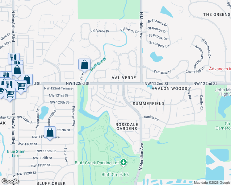 map of restaurants, bars, coffee shops, grocery stores, and more near 12201 Candy tuft Lane in Oklahoma City