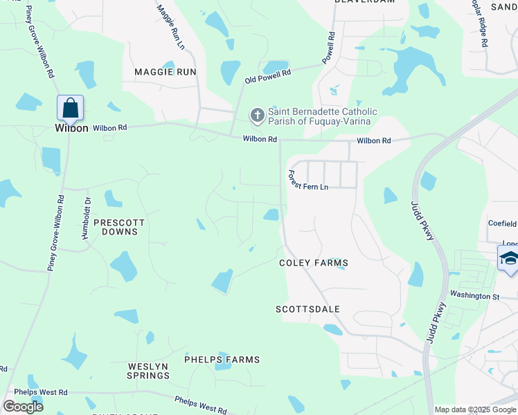 map of restaurants, bars, coffee shops, grocery stores, and more near 1519 Willbrook Drive in Fuquay-Varina