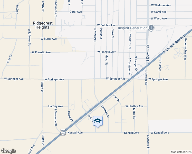 map of restaurants, bars, coffee shops, grocery stores, and more near 1644 South Mahan Street in Ridgecrest