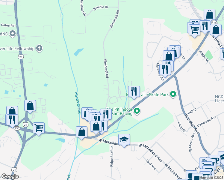 map of restaurants, bars, coffee shops, grocery stores, and more near 515 Rinehardt Road in Mooresville