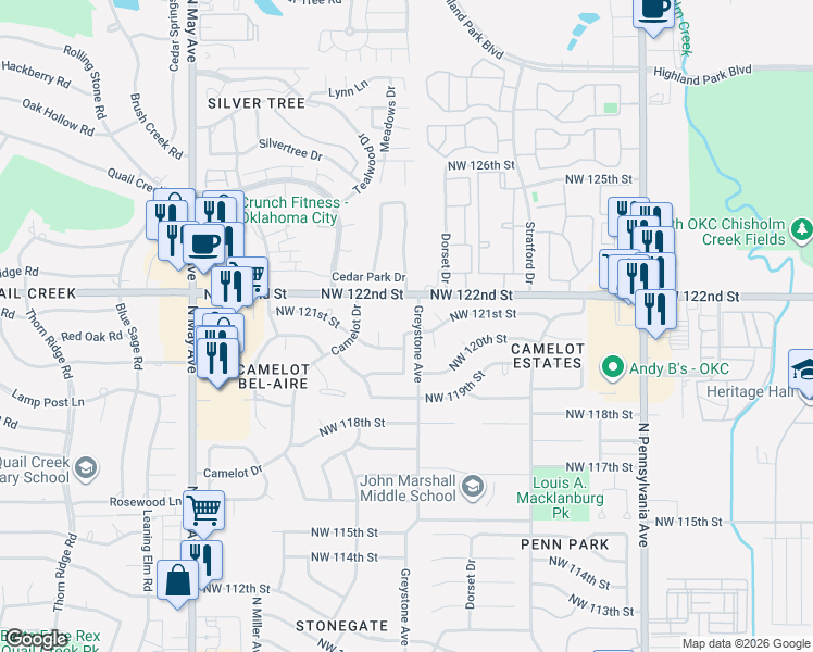 map of restaurants, bars, coffee shops, grocery stores, and more near 12215 Greystone Terrace in Oklahoma City