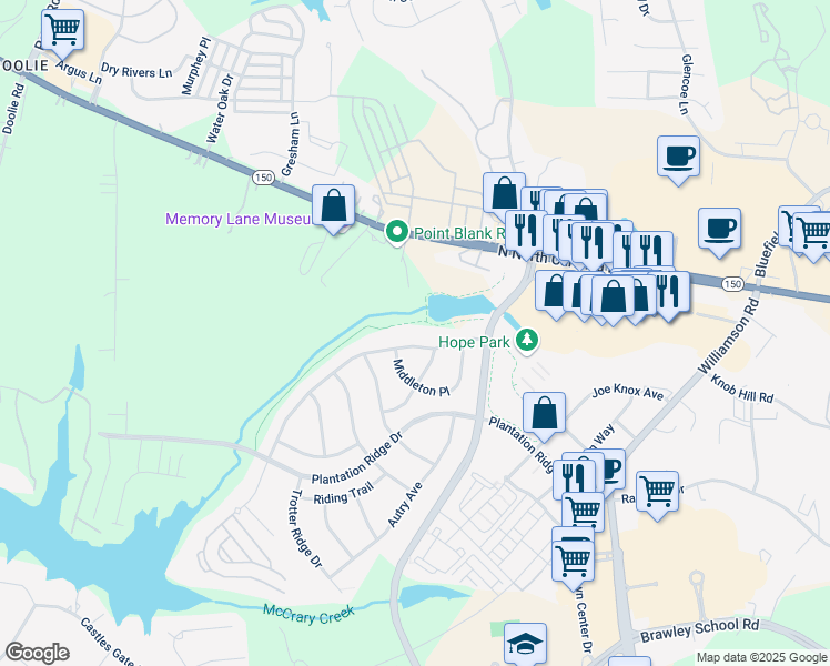 map of restaurants, bars, coffee shops, grocery stores, and more near 134 Montibello Drive in Mooresville