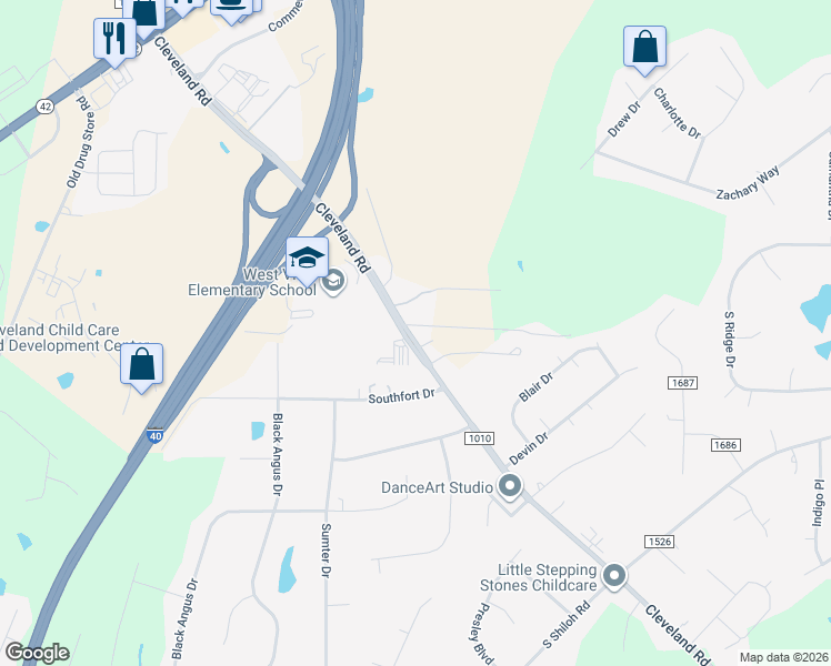 map of restaurants, bars, coffee shops, grocery stores, and more near 11636 Cleveland Road in Garner