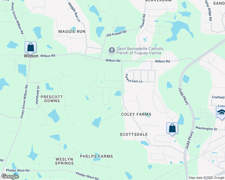 map of restaurants, bars, coffee shops, grocery stores, and more near 1519 Willbrook Drive in Fuquay-Varina