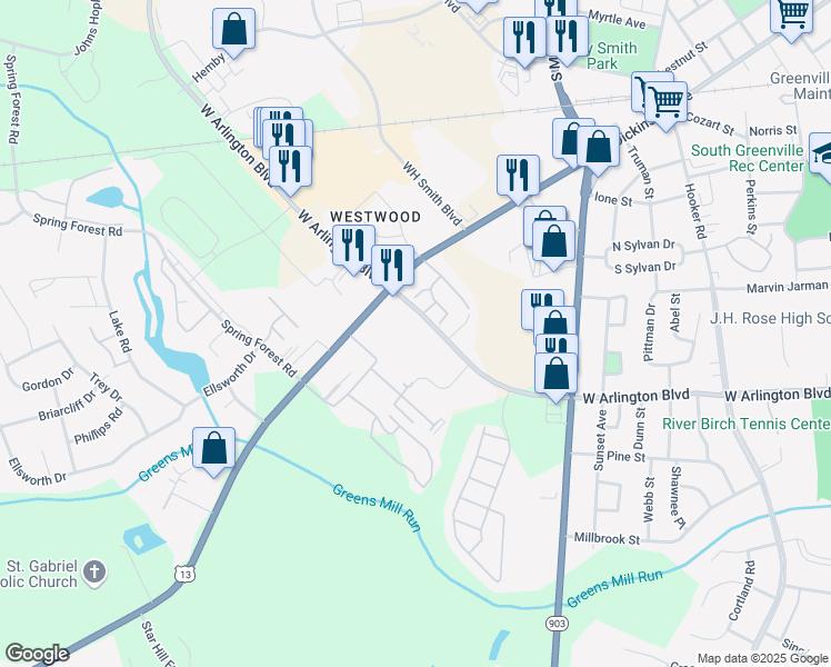 map of restaurants, bars, coffee shops, grocery stores, and more near 1748 Arlington Boulevard in Greenville