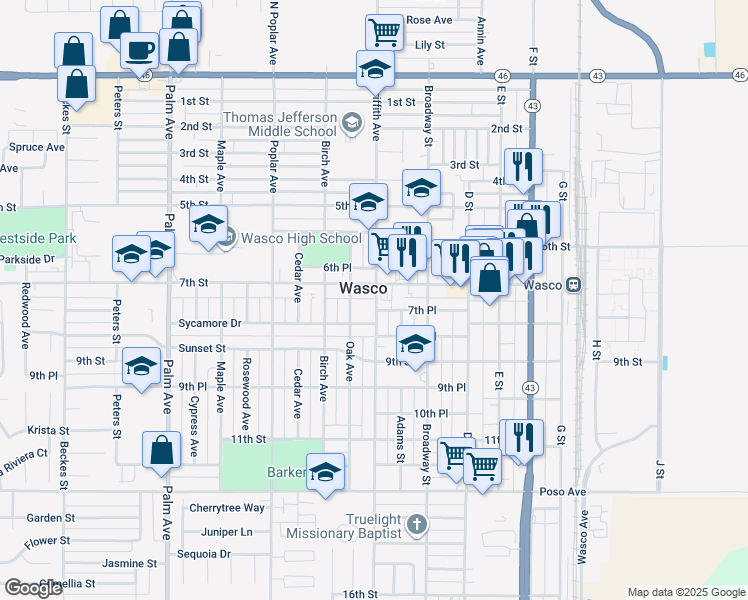 map of restaurants, bars, coffee shops, grocery stores, and more near 714 Griffith Avenue in Wasco