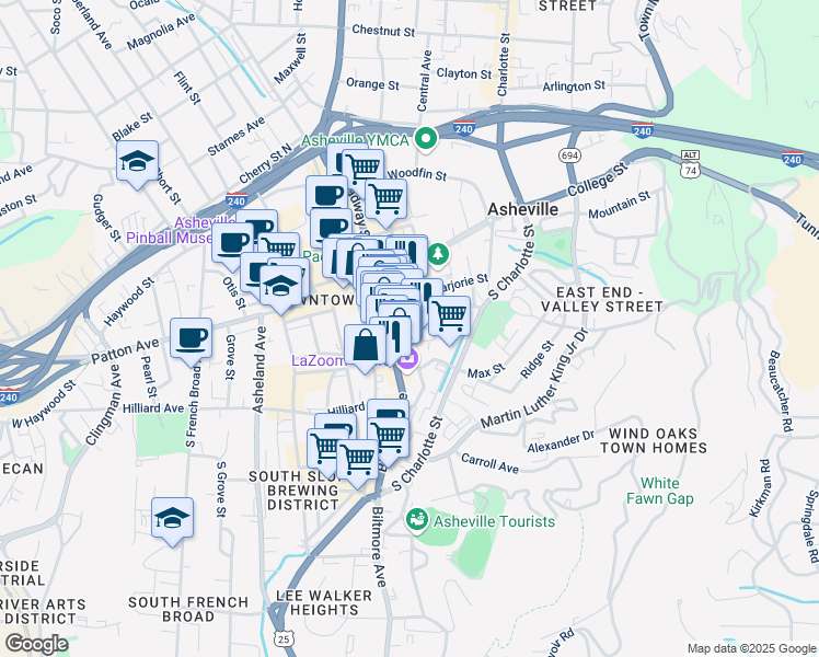 map of restaurants, bars, coffee shops, grocery stores, and more near 34 Biltmore Avenue in Asheville