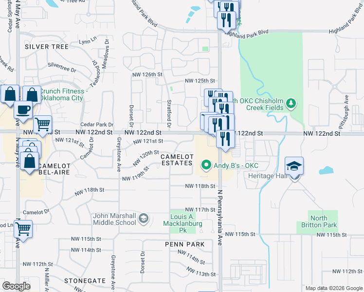 map of restaurants, bars, coffee shops, grocery stores, and more near 2217 Northwest 120th Street in Oklahoma City