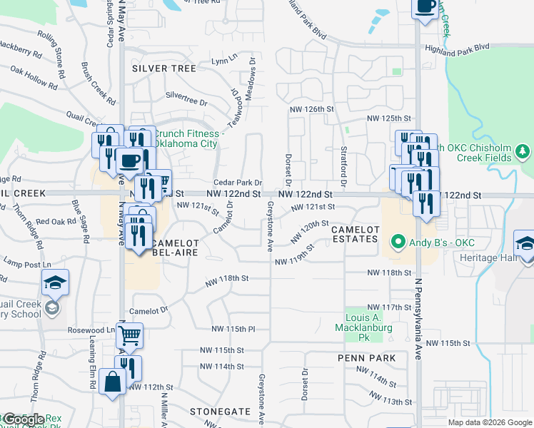 map of restaurants, bars, coffee shops, grocery stores, and more near 12215 Greystone Terrace in Oklahoma City