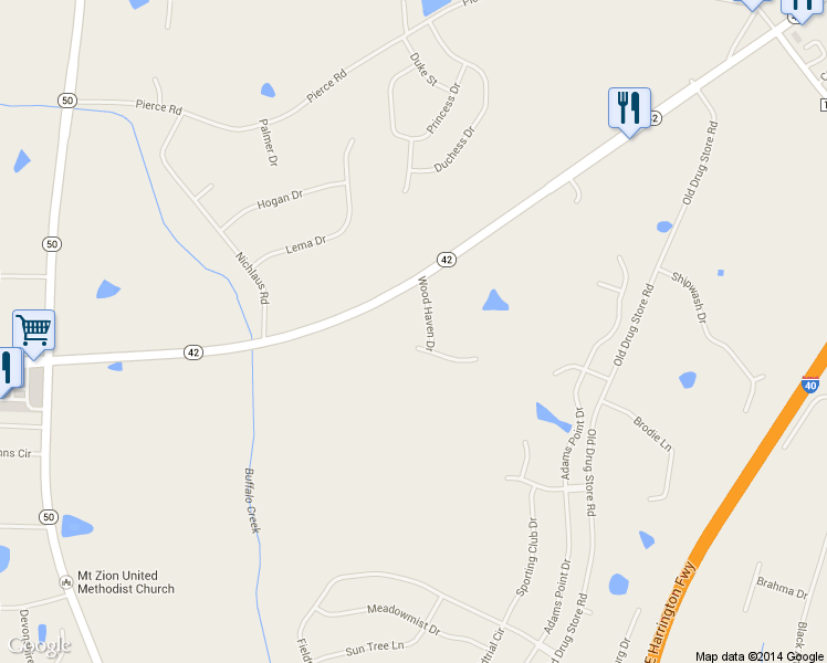 map of restaurants, bars, coffee shops, grocery stores, and more near 36 Miry Branch Court in Garner
