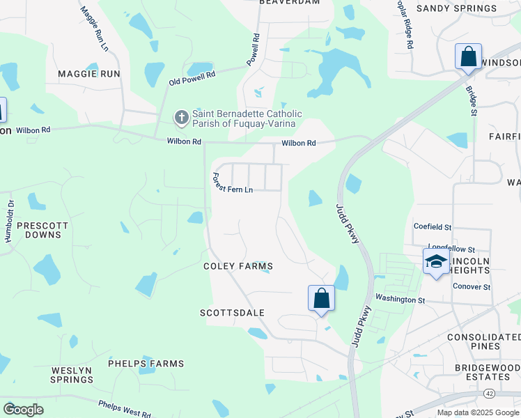 map of restaurants, bars, coffee shops, grocery stores, and more near 1432 Forest Fern Lane in Fuquay Varina