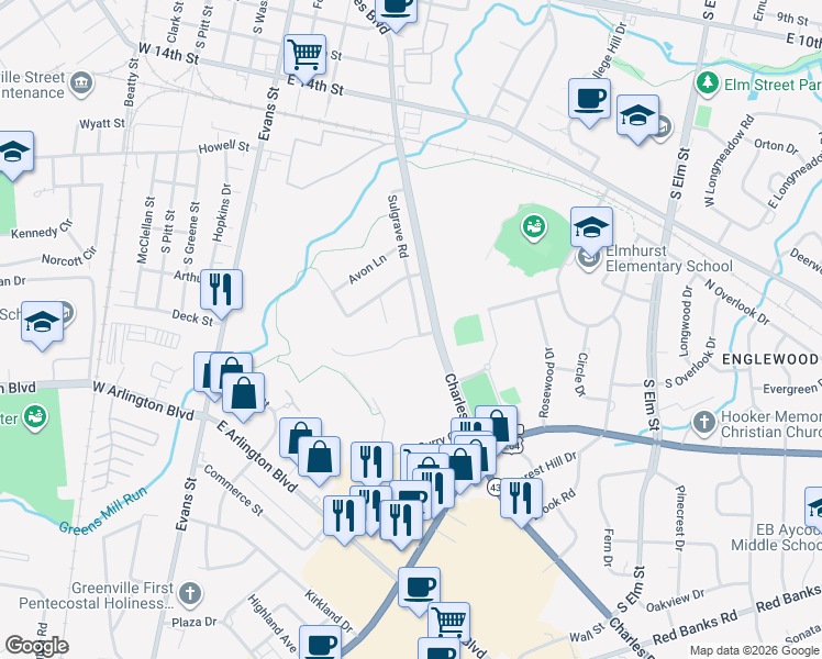 map of restaurants, bars, coffee shops, grocery stores, and more near 1812 Sulgrave Road in Greenville