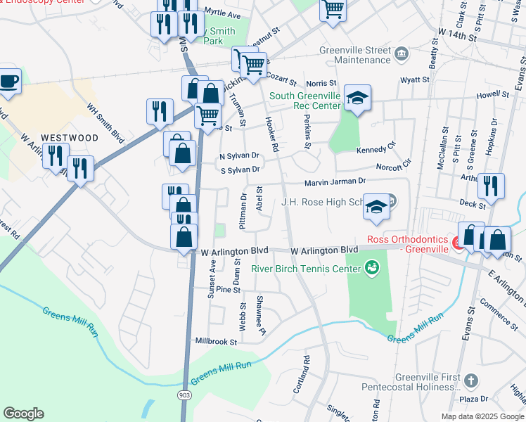 map of restaurants, bars, coffee shops, grocery stores, and more near 601 Pittman Drive in Greenville