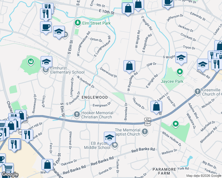 map of restaurants, bars, coffee shops, grocery stores, and more near 1310 East 14th Street in Greenville