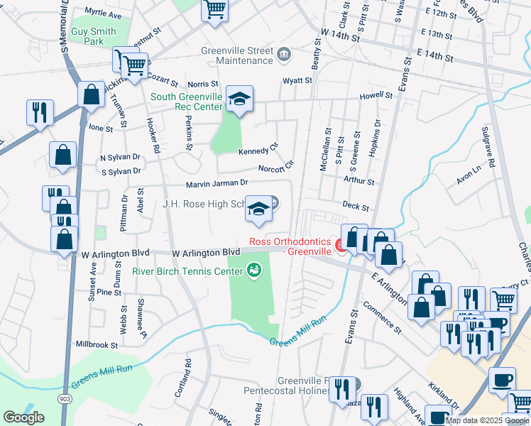 map of restaurants, bars, coffee shops, grocery stores, and more near 600 West Arlington Boulevard in Greenville