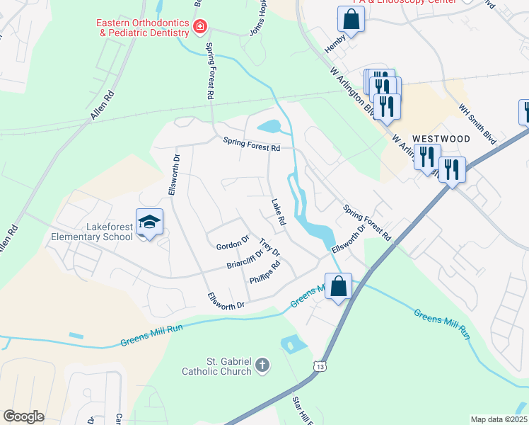 map of restaurants, bars, coffee shops, grocery stores, and more near 2918 Flint Ridge Road in Greenville