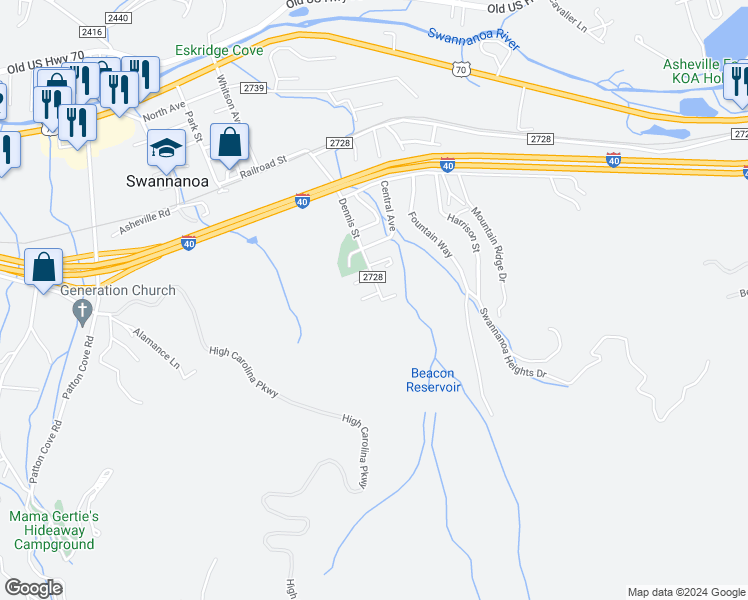 map of restaurants, bars, coffee shops, grocery stores, and more near 106 Getaway Drive in Swannanoa
