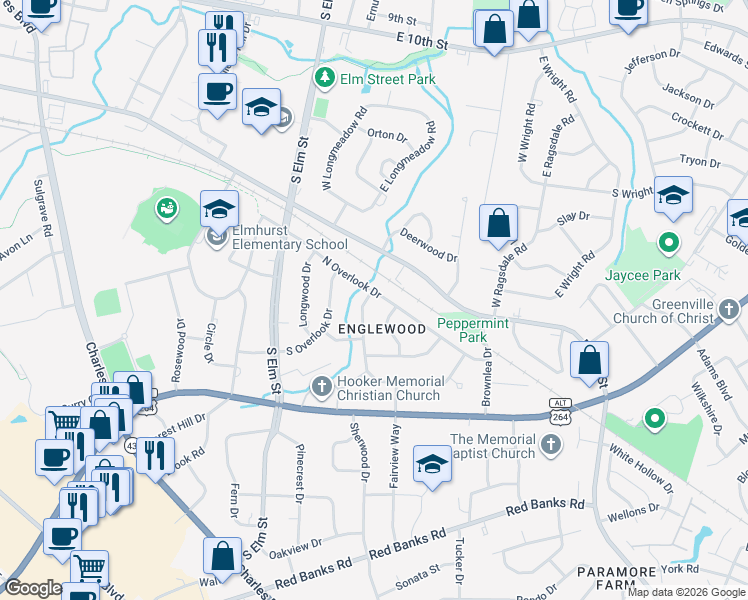 map of restaurants, bars, coffee shops, grocery stores, and more near 1600 Beaumont Drive in Greenville