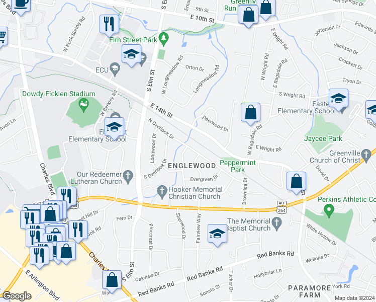 map of restaurants, bars, coffee shops, grocery stores, and more near 1600 Beaumont Drive in Greenville