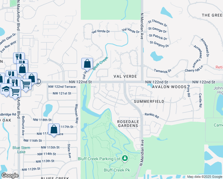 map of restaurants, bars, coffee shops, grocery stores, and more near 12117 Cliff Rose Drive in Oklahoma City