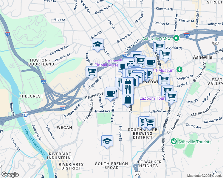 map of restaurants, bars, coffee shops, grocery stores, and more near 154 Patton Avenue in Asheville