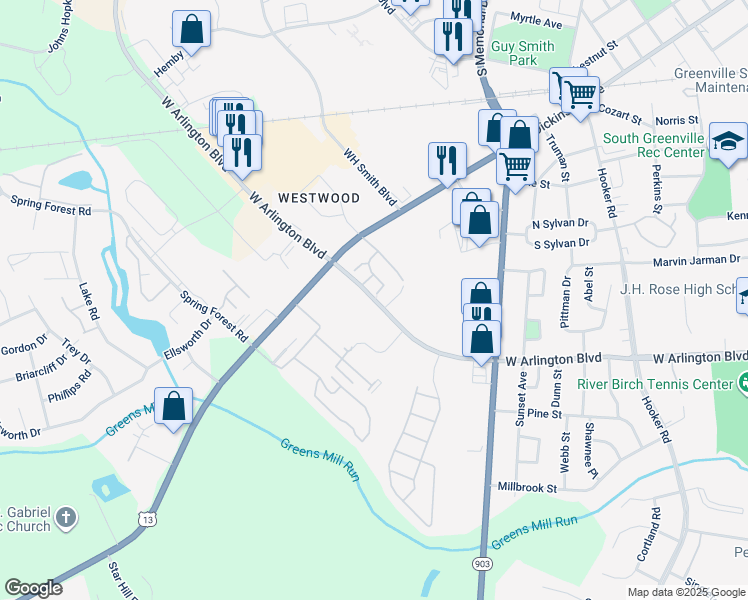 map of restaurants, bars, coffee shops, grocery stores, and more near 1748 Arlington Boulevard in Greenville