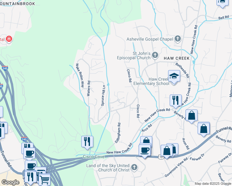 map of restaurants, bars, coffee shops, grocery stores, and more near 30B Larkspur Court in Asheville