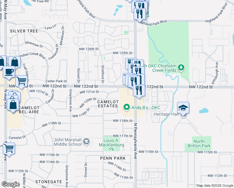 map of restaurants, bars, coffee shops, grocery stores, and more near 2217 Northwest 120th Street in Oklahoma City