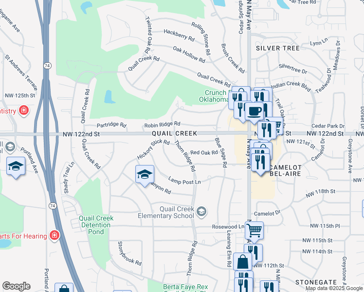 map of restaurants, bars, coffee shops, grocery stores, and more near 12129 Thorn Ridge Road in Oklahoma City