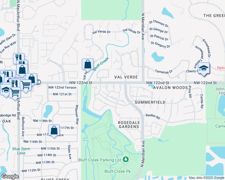 map of restaurants, bars, coffee shops, grocery stores, and more near 12117 Cliff Rose Drive in Oklahoma City