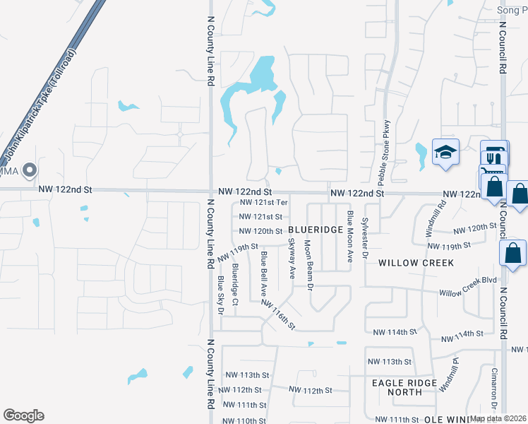 map of restaurants, bars, coffee shops, grocery stores, and more near 8824 Northwest 121st Street in Oklahoma City
