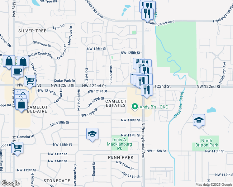 map of restaurants, bars, coffee shops, grocery stores, and more near 12201 North Stratford Drive in Oklahoma City