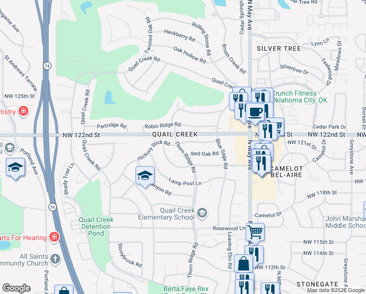 map of restaurants, bars, coffee shops, grocery stores, and more near 12129 Thorn Ridge Road in Oklahoma City