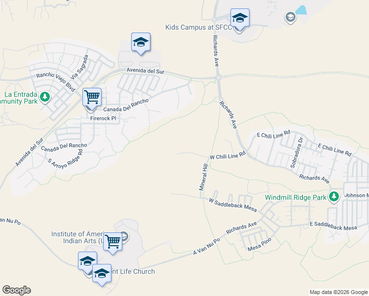 map of restaurants, bars, coffee shops, grocery stores, and more near 59 West Chili Line Road in Santa Fe
